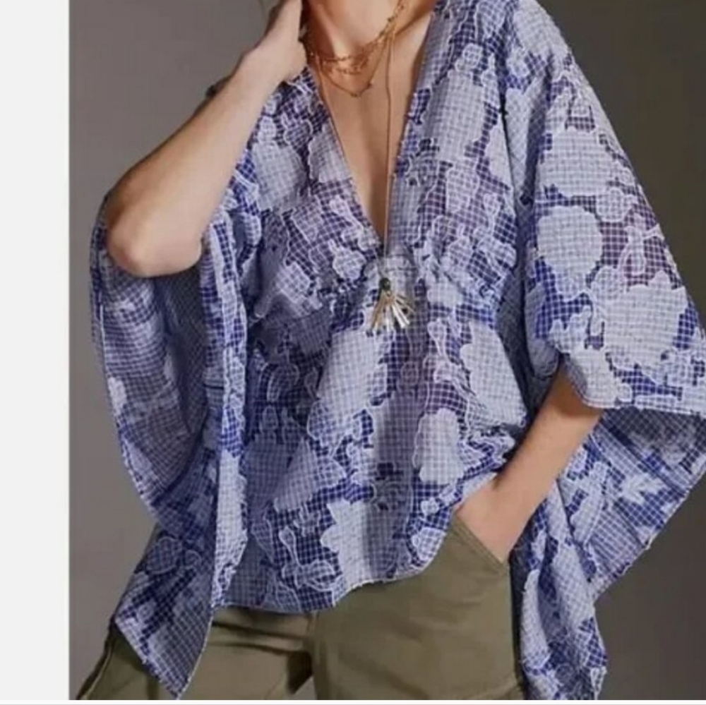 Anthropology Tie-Front Blue Floral Caftan One Size